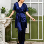 Women’s 3-Piece Satin Silk Nighty Robe Gown Set – Free Size
