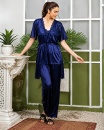 Women’s 3-Piece Satin Silk Nighty Robe Gown Set – Free Size