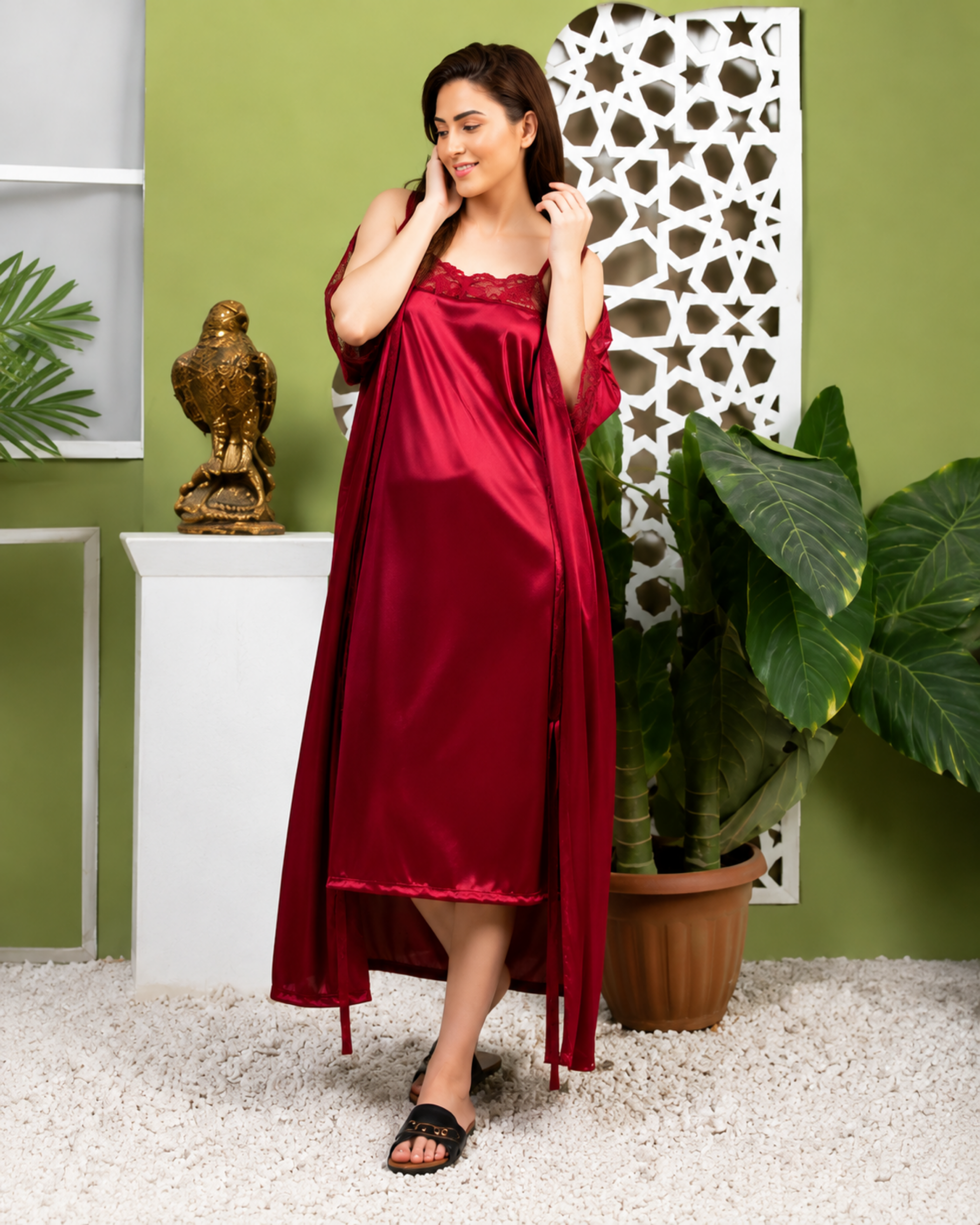 273 Women’s 2-Piece Satin Silk Nighty Robe Gown Set – Free Size - Image 1