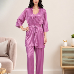 Women’s 3-Piece Satin Silk Nighty Robe Set – Free Size