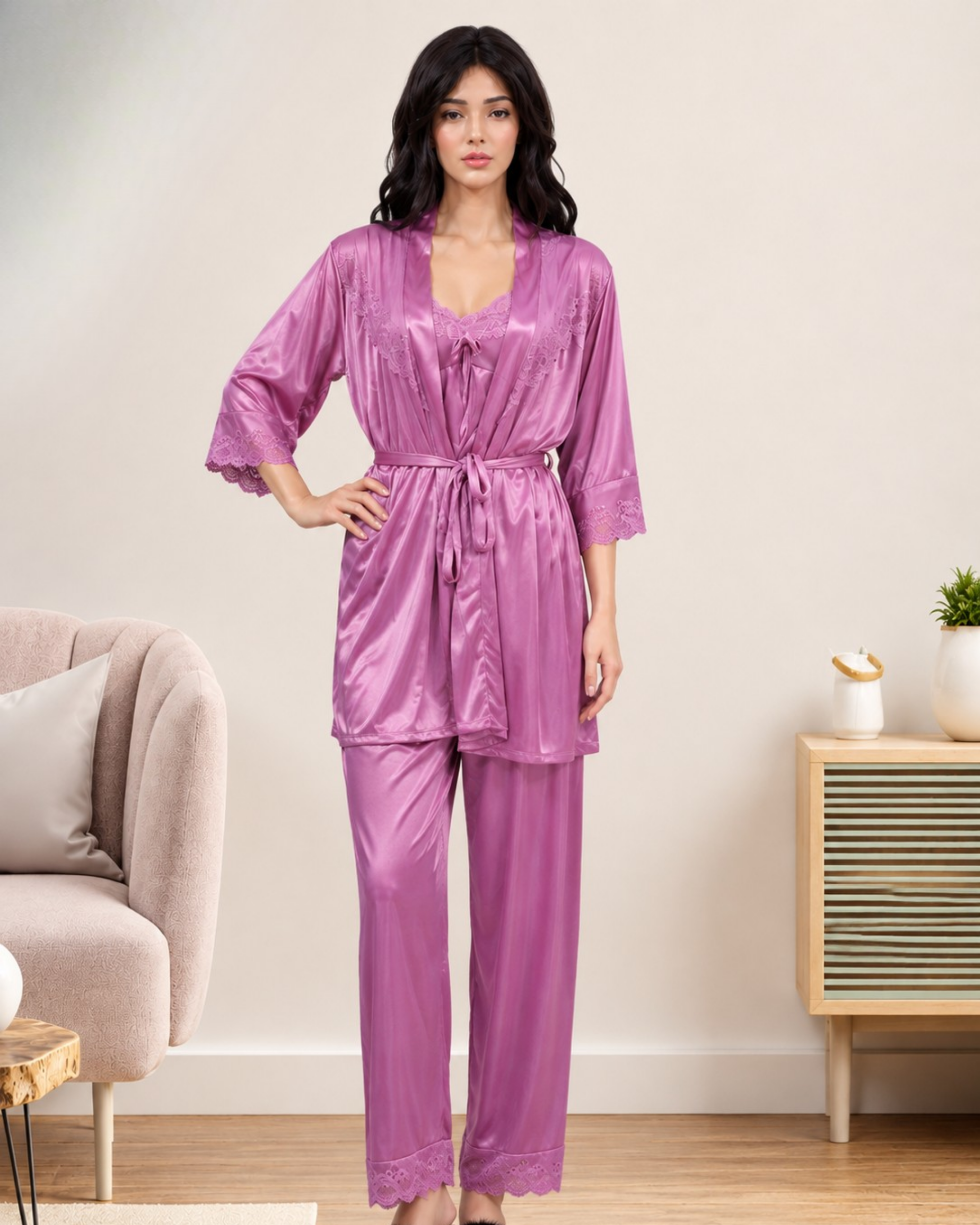282 Women’s 3-Piece Satin Silk Nighty Robe Set – Free Size - Image 1