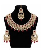 Royal Maroon Bridal Imitation Jewellery Set – Faux Kundan & Pearl - Image 2