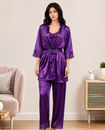 Women’s 3-Piece Satin Silk Nighty Robe Set – Free Size - Image 9