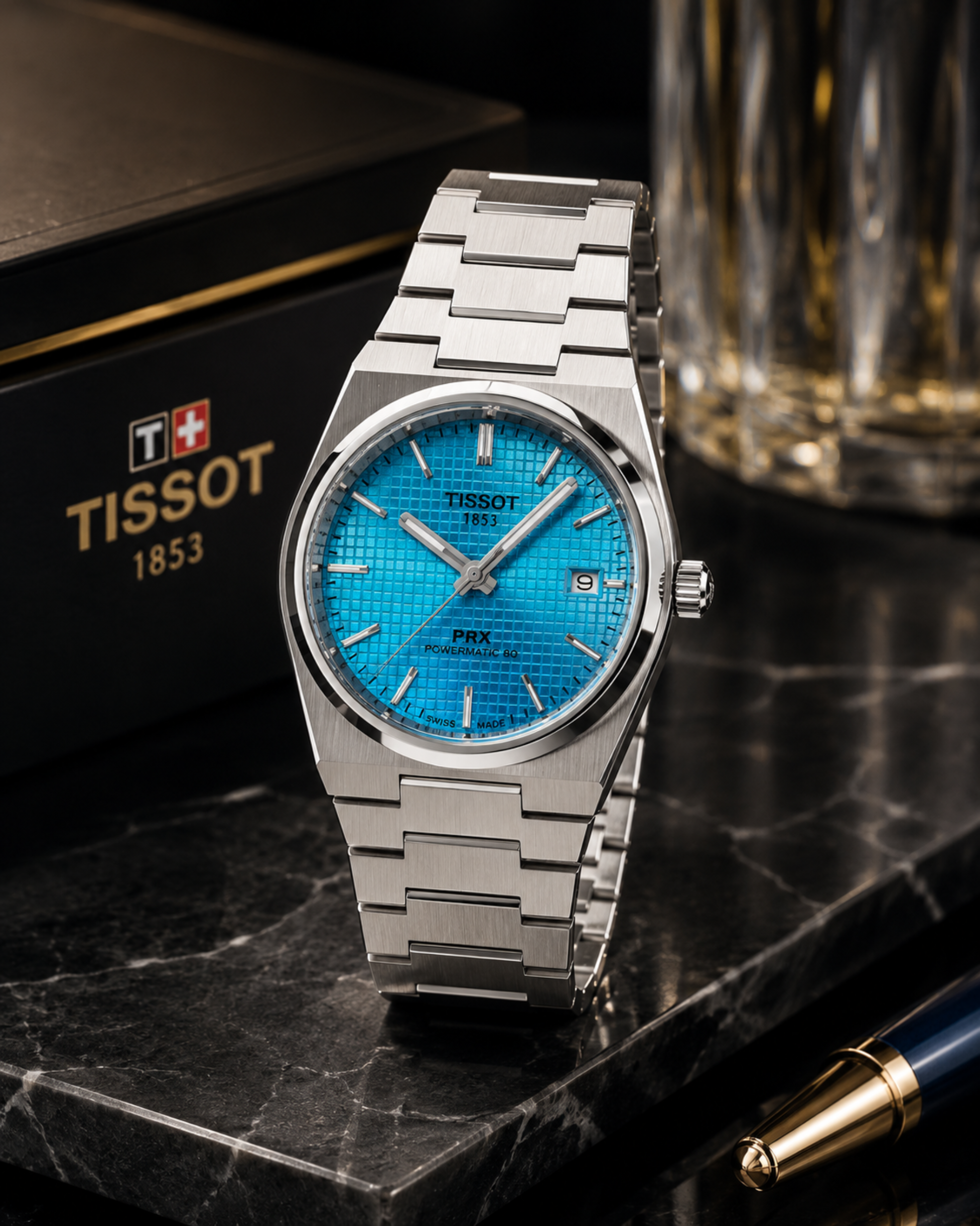 304 Tissot PRX Powermatic 80 Style Men’s Stainless Steel Watch – Ice Blue Waffle Dial - Image 1