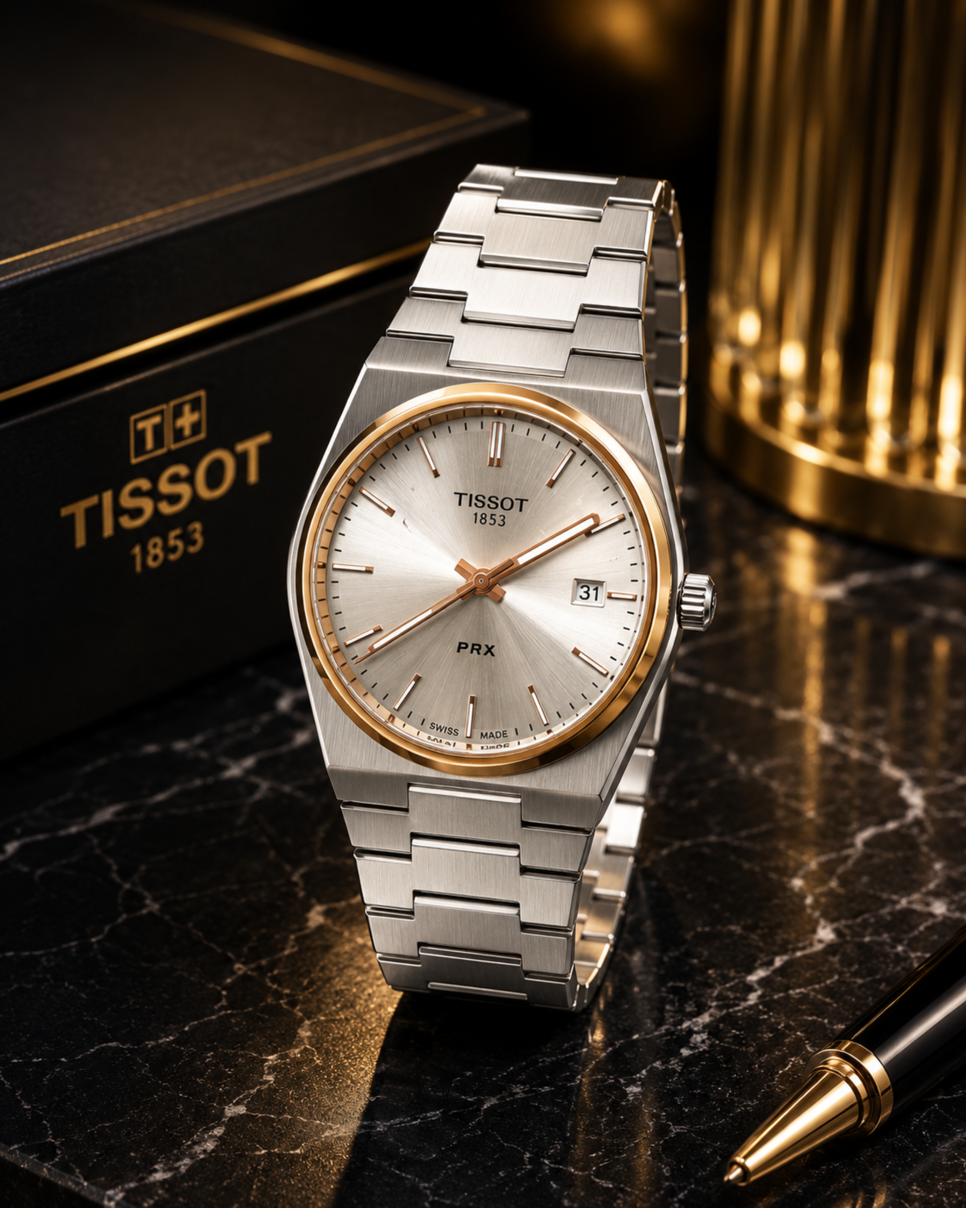 308 Tissot PRX Quartz Style Men’s Watch – Satin Silver Dial & Rose Gold Bezel - Image 1