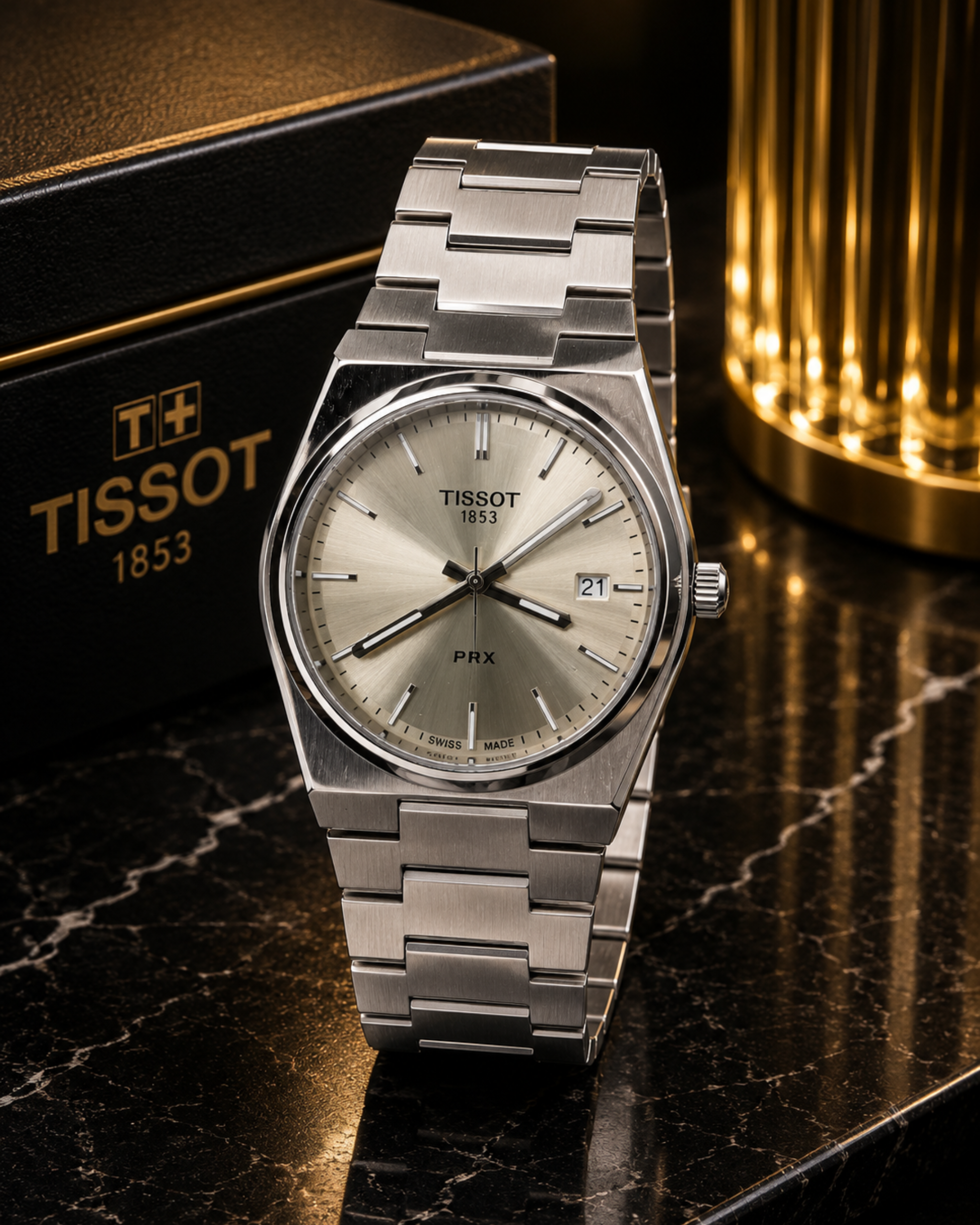 314 Tissot PRX Quartz Style Men’s Watch – Sunburst Silver-Champagne Dial - Image 1