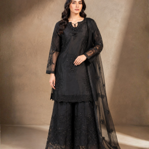 Midnight Elegance Chiffon Plazo Suit with Dupatta – 3 Piece