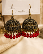 Black & Red Beaded Jhumka Earrings
