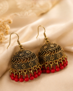 Black & Red Beaded Jhumka Earrings - Image 3
