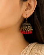 Black & Red Beaded Jhumka Earrings - Image 2