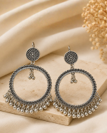 Silver Oxidized Round Jhumka Earrings - Image 3