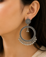 Silver Oxidized Round Jhumka Earrings - Image 2