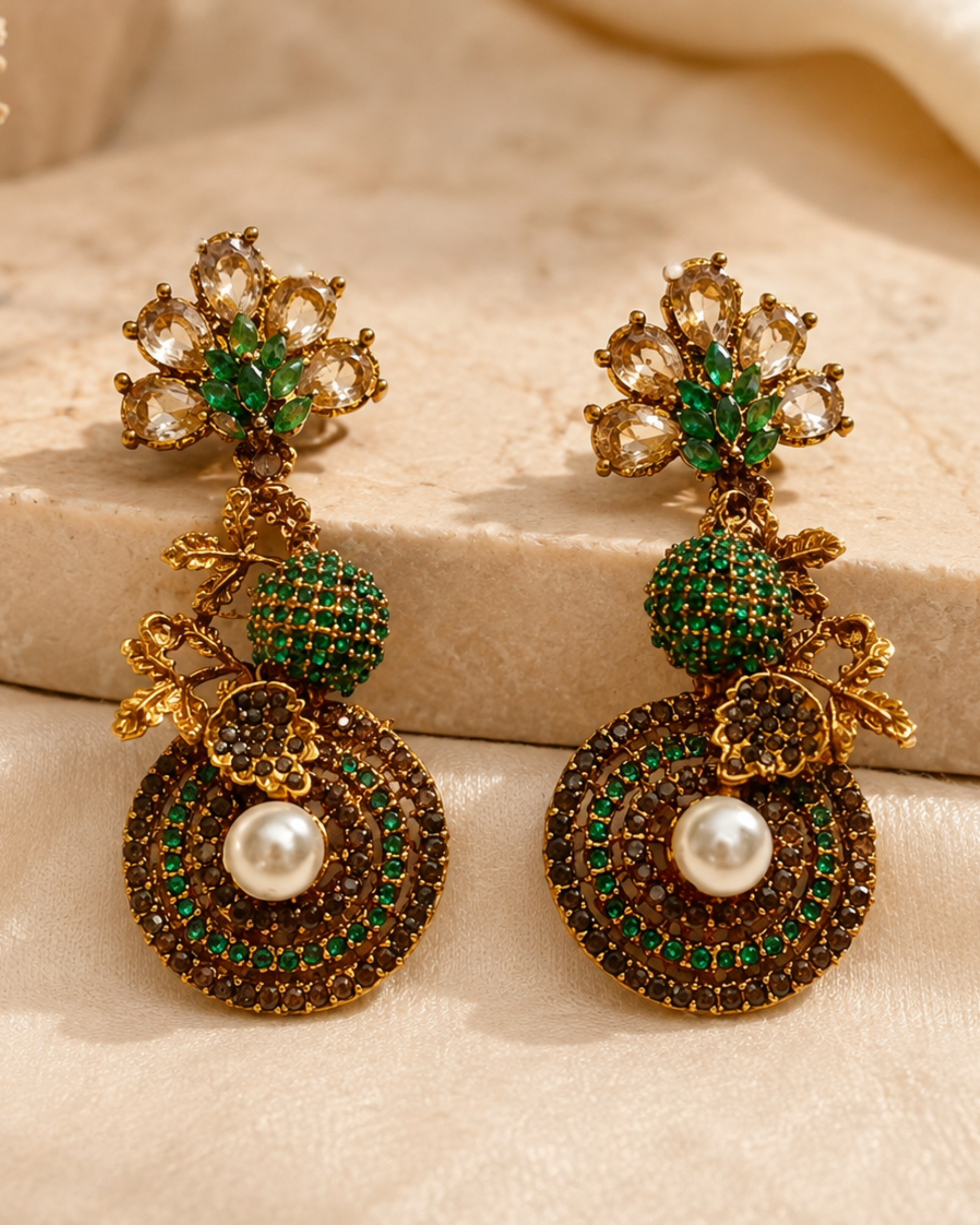 360 Emerald Green & Gold Pearl Statement Earrings - Image 1