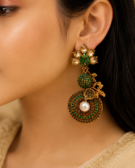 Emerald Green & Gold Pearl Statement Earrings - Image 2