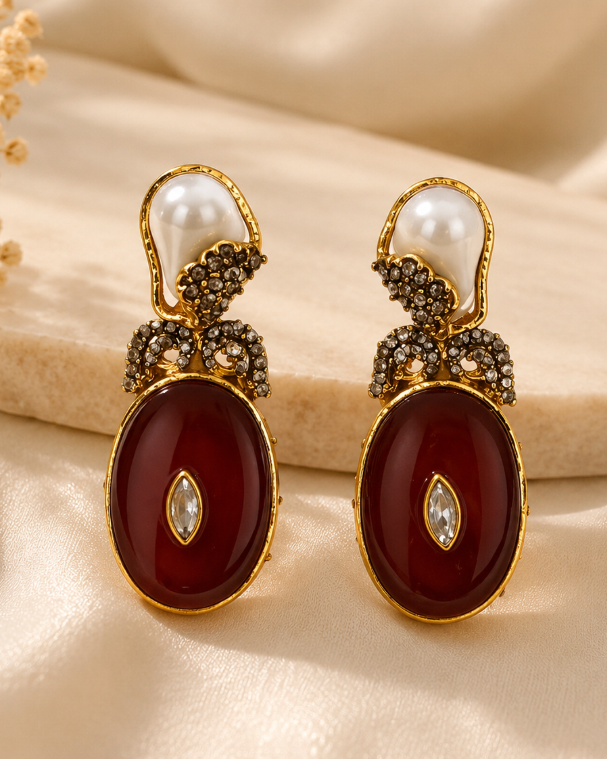 362 Pearl & Maroon Gold Statement Earrings - Image 1