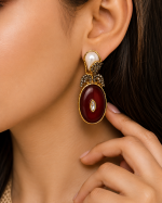 Pearl & Maroon Gold Statement Earrings - Image 2