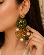 Emerald Green Floral Pearl Statement Earrings - Image 2