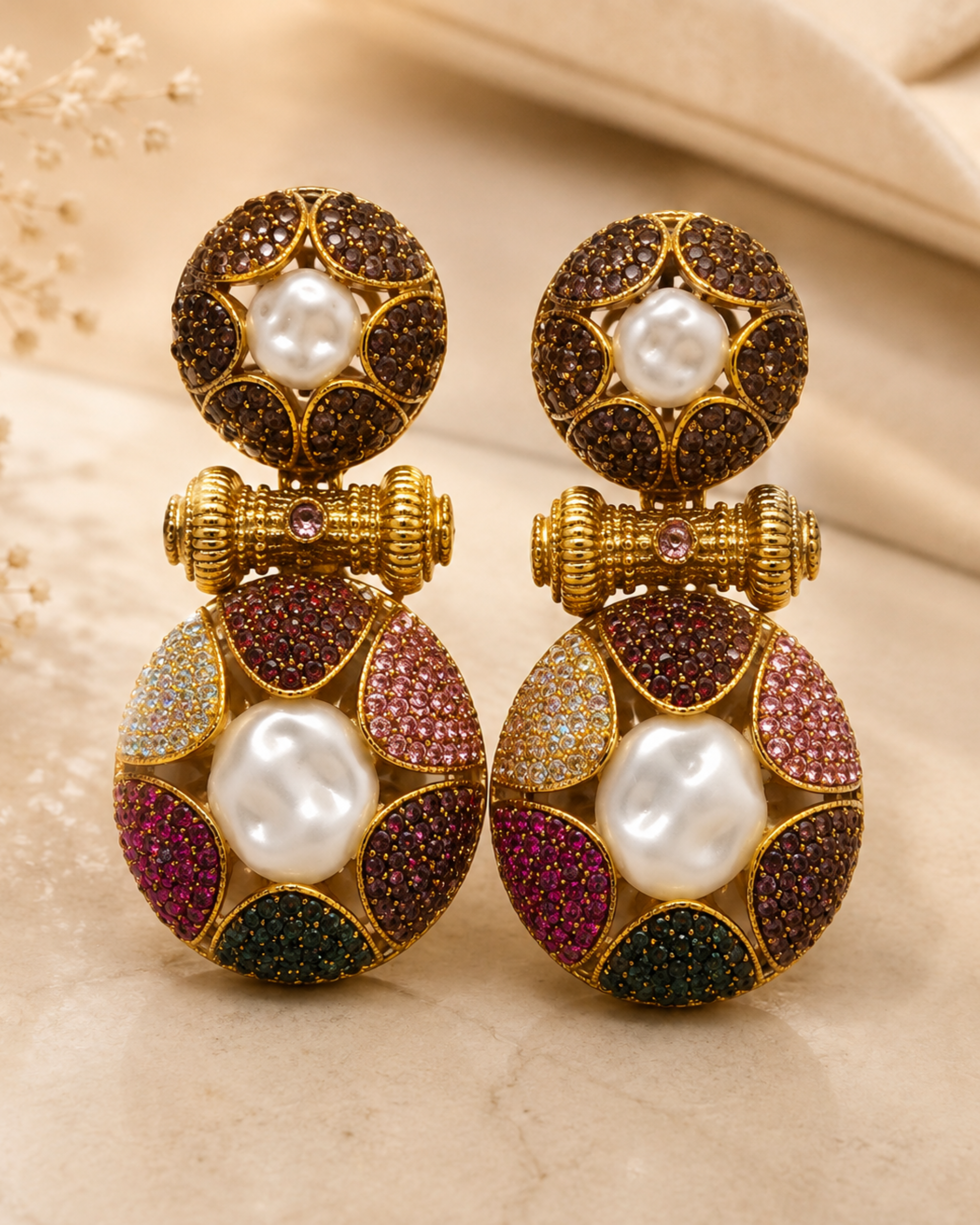 369 Elegant Multicolor Pearl & Crystal Statement Earrings - Image 1