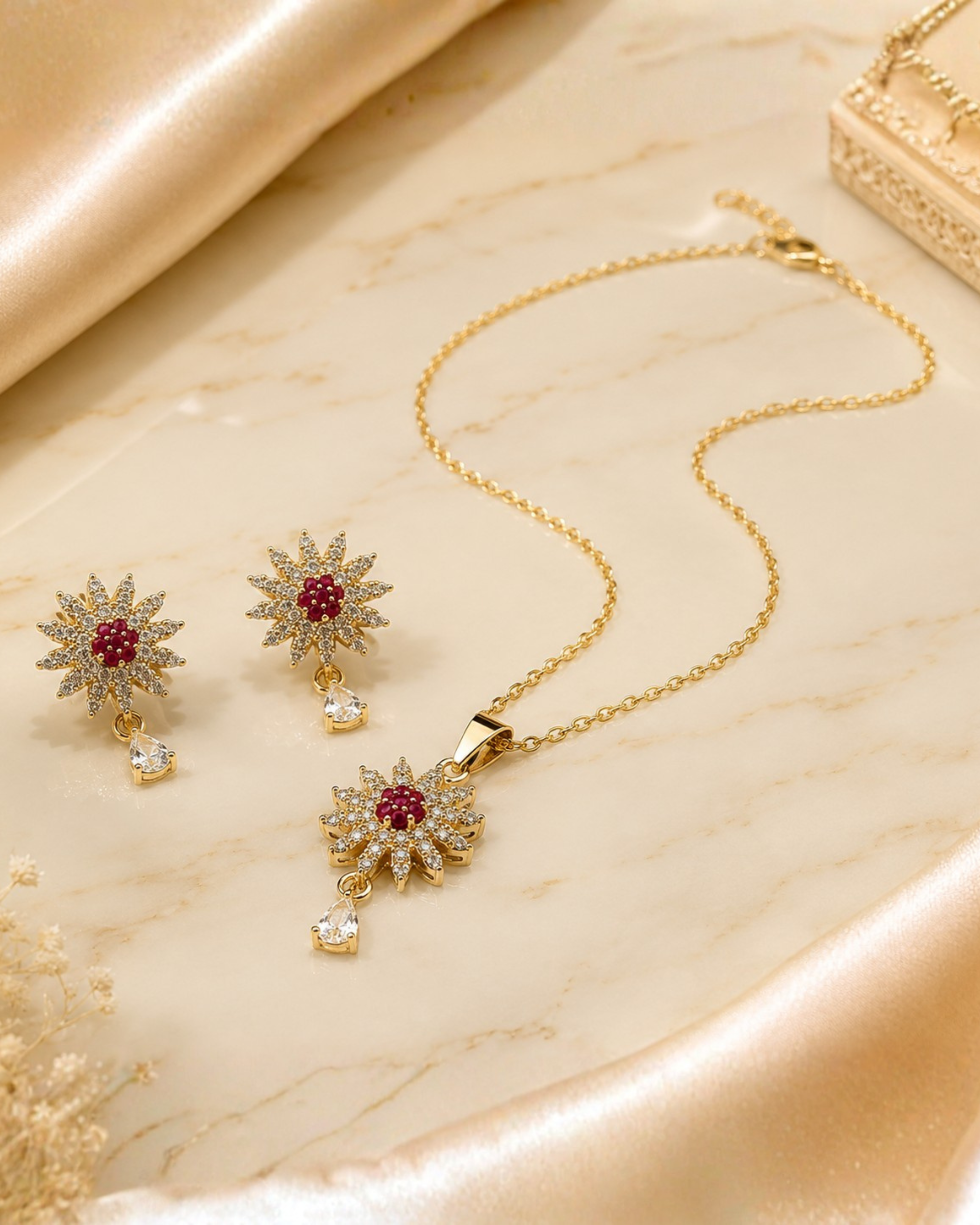 375 Elegant Red & Gold CZ Necklace Set – Floral Statement Jewellery - Image 1