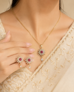 Elegant Red & Gold CZ Necklace Set – Floral Statement Jewellery - Image 3