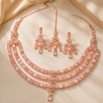 Elegant Pink Crystal 3-Layer Necklace Set with Matching Earrings