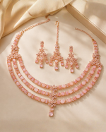 Elegant Pink Crystal 3-Layer Necklace Set with Matching Earrings