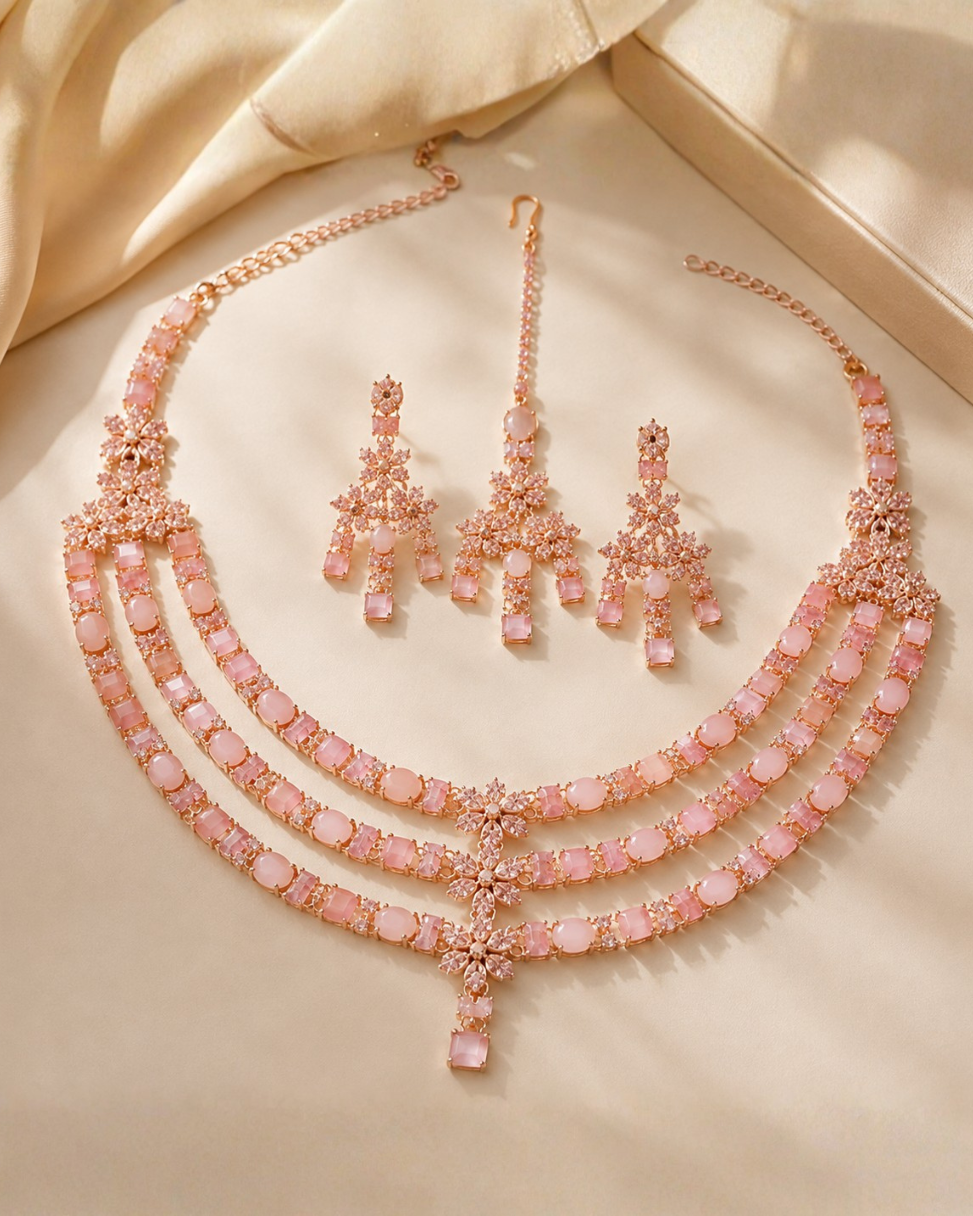 382 Elegant Pink Crystal 3-Layer Necklace Set with Matching Earrings - Image 1
