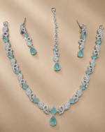 Elegant Aqua Blue Crystal Necklace Set with Matching Earrings & Tikka