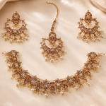 Elegant Rose Gold Pearl Choker Necklace Set with Matching Earrings & Tikka