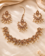 Elegant Rose Gold Pearl Choker Necklace Set with Matching Earrings & Tikka