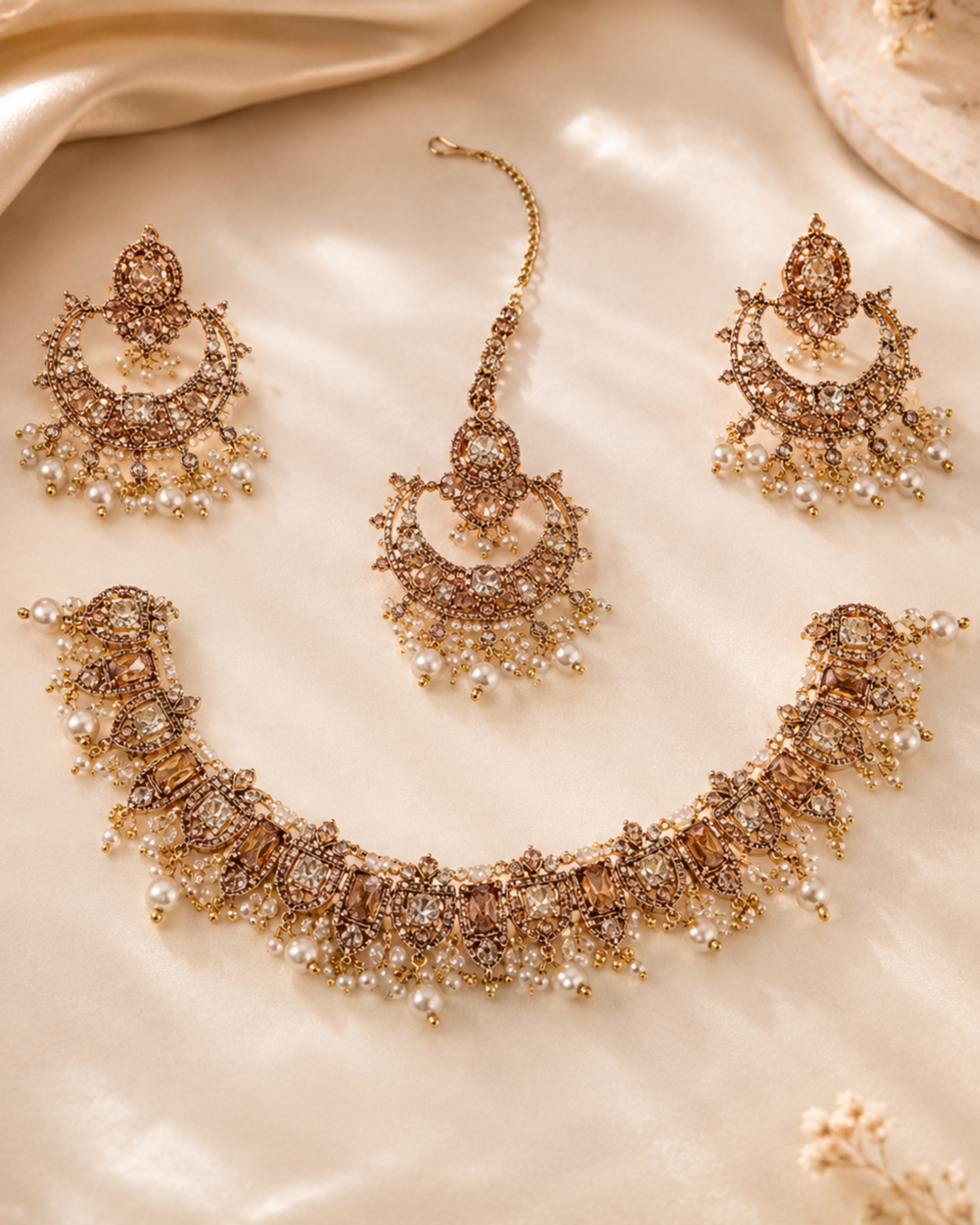 386 Elegant Rose Gold Pearl Choker Necklace Set with Matching Earrings & Tikka - Image 1