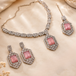 Elegant Pink Crystal Silver-Tone Necklace Set with Matching Earrings & Tikka
