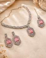 Elegant Pink Crystal Silver-Tone Necklace Set with Matching Earrings & Tikka