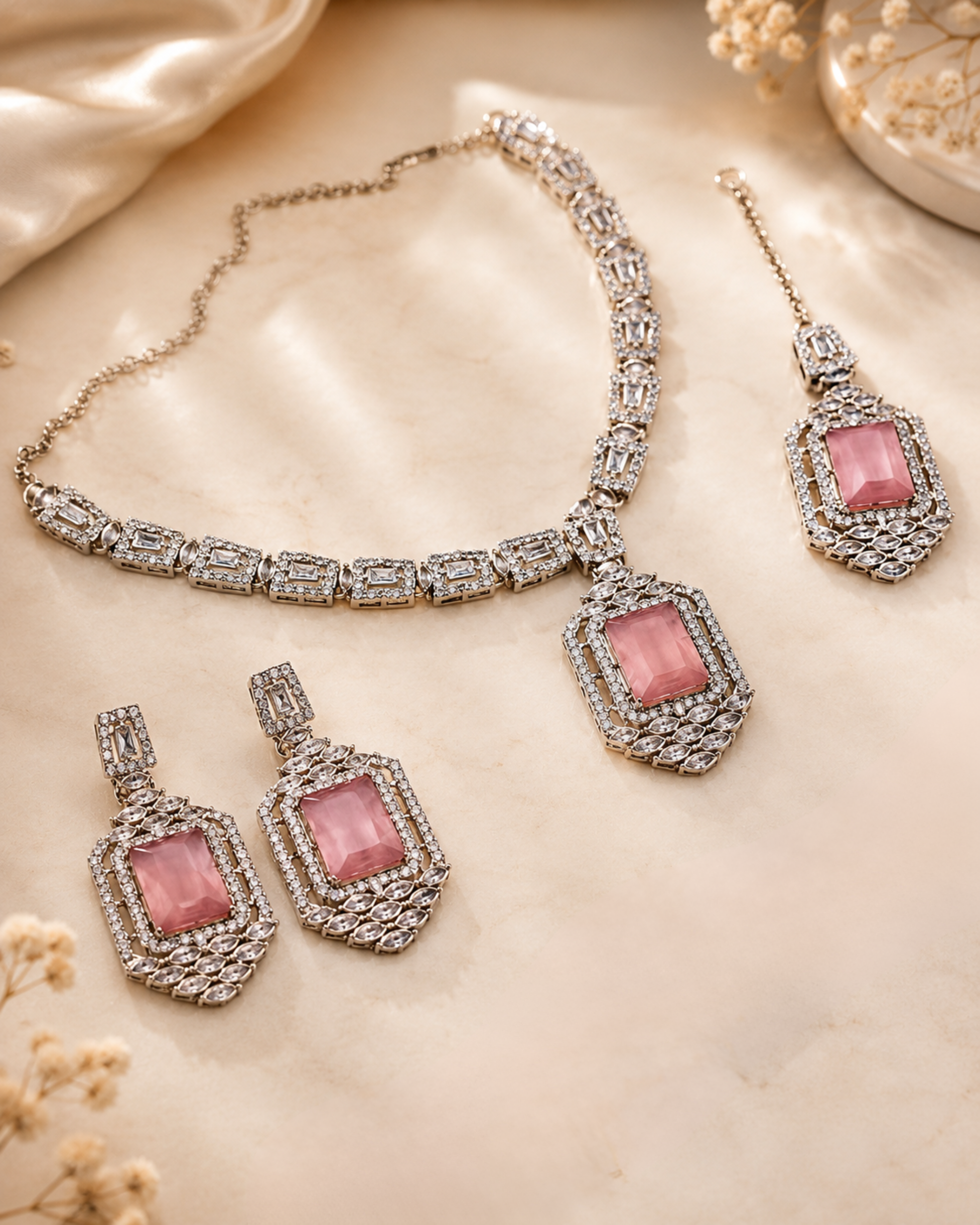 388 Elegant Pink Crystal Silver-Tone Necklace Set with Matching Earrings & Tikka - Image 1
