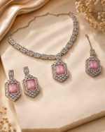 Elegant Pink Crystal Silver-Tone Necklace Set with Matching Earrings & Tikka - Image 2