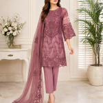 3-Piece Organza Embroidered Suit with Chiffon Dupatta