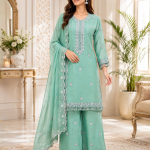 Chiffon 3-Piece Embroidered Suit – Shirt, Plazo & Dupatta | Aqua