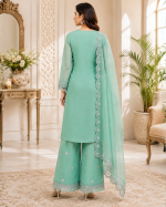 Chiffon 3-Piece Embroidered Suit – Shirt, Plazo & Dupatta | Aqua - Image 2