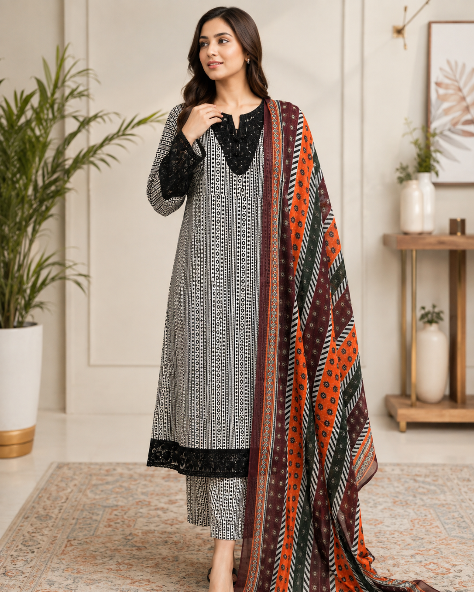 7 3-Piece Lawn Suit with Embroidered Daman & Airline Front - Image 1