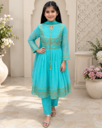 3-Piece Chiffon Net Embroidered Balochi Style Suit for Girls – Blue - Image 2