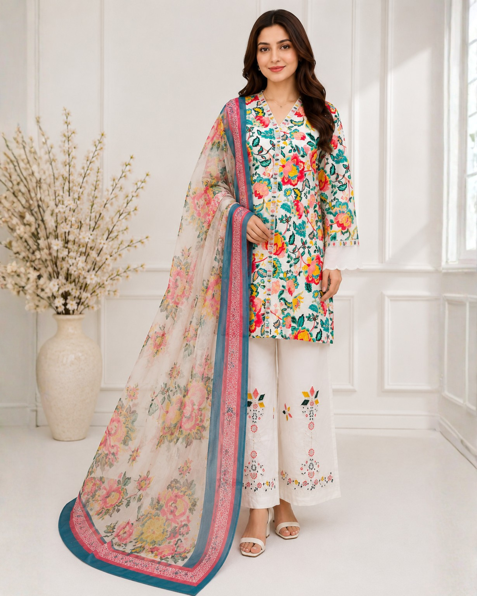 99 3-Piece Lawn Suit with Embroidered Shirt & Printed Doriya Dupatta - Image 1