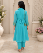 3-Piece Chiffon Net Embroidered Balochi Style Suit for Girls – Blue - Image 3