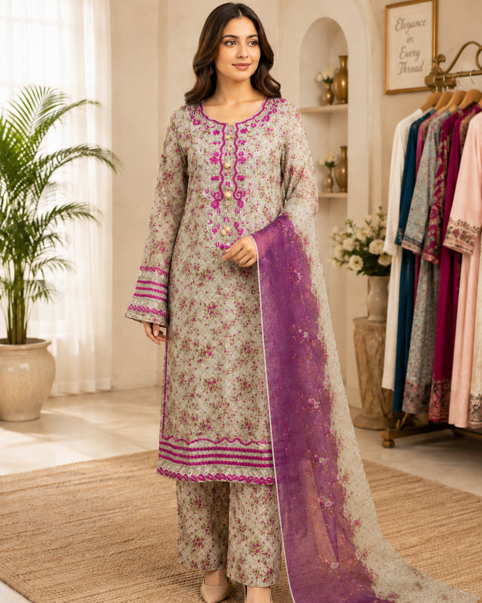 image2 3-Piece Lawn Suit with Embroidered Neck, Sleeves & Daman - Image 1