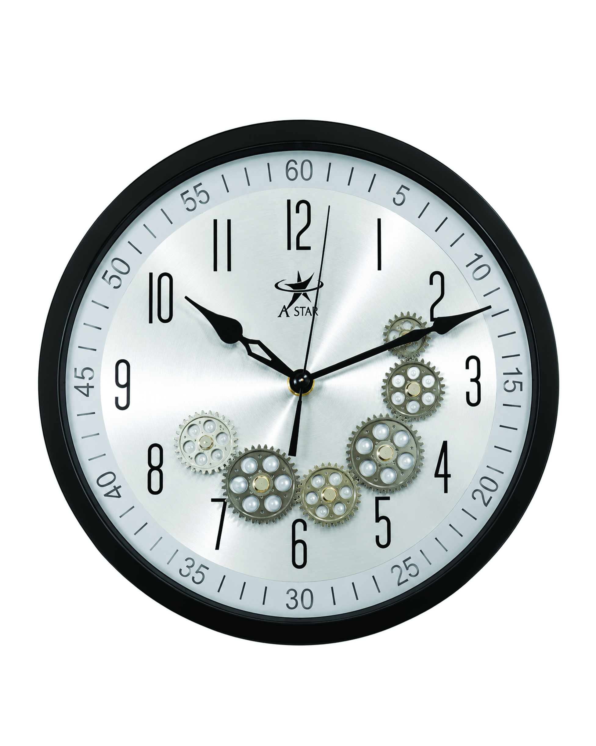 19 Front view A STAR Modern Black & Silver Skeleton Moving Gear Wall Clock (Arabic Numerals) - Image 1