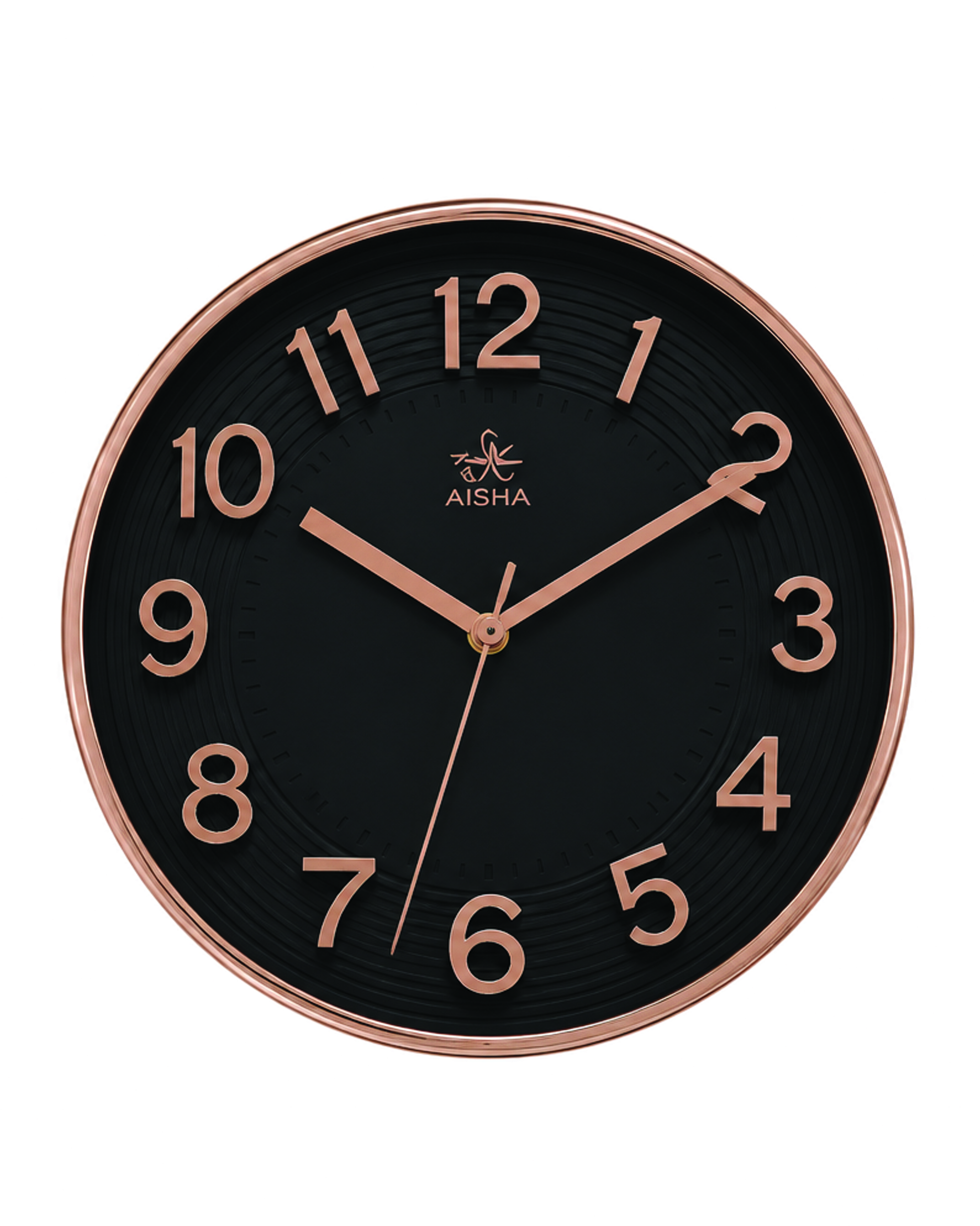 2 Front view AISHA Modern Black & Rose Gold Round Wall Clock (Arabic Numerals) - Image 1