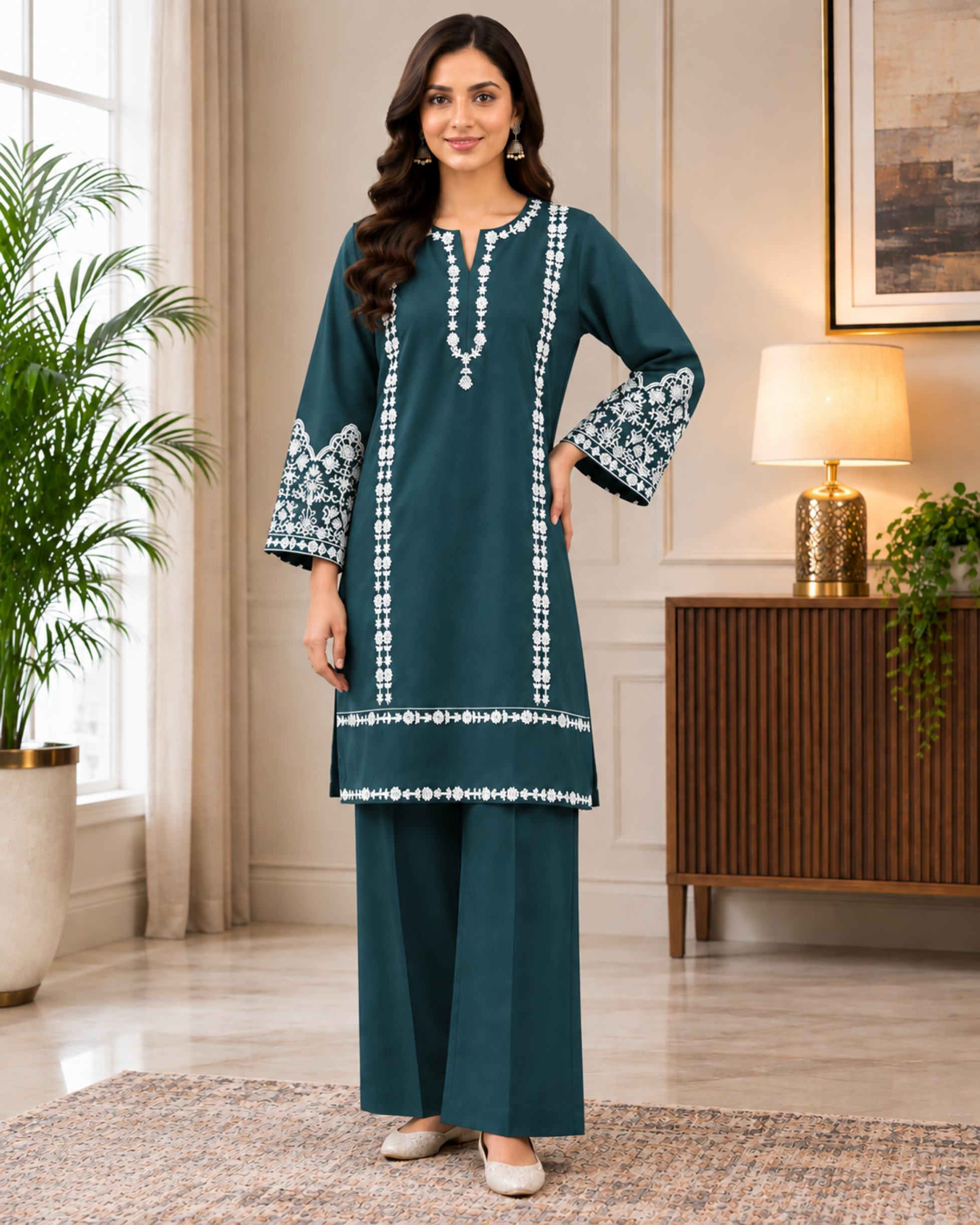 245 Aina 2-Piece Embroidered Stitched Cotton Suit (Shirt & Flapper) - Image 1