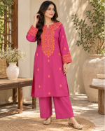 Resham Embroidered 2-Piece Stitched Cotton Suit (Kurta & Wide-Leg Trouser)