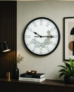 Modern White & Silver Skeleton Gear Wall Clock (Black Frame) - Image 2