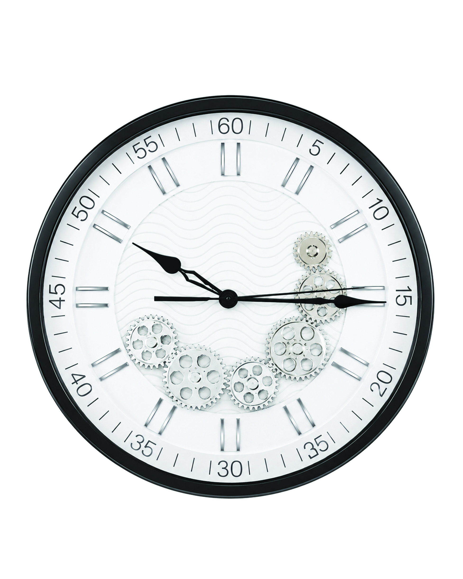 6 Front view Modern White & Silver Skeleton Gear Wall Clock (Black Frame) - Image 1