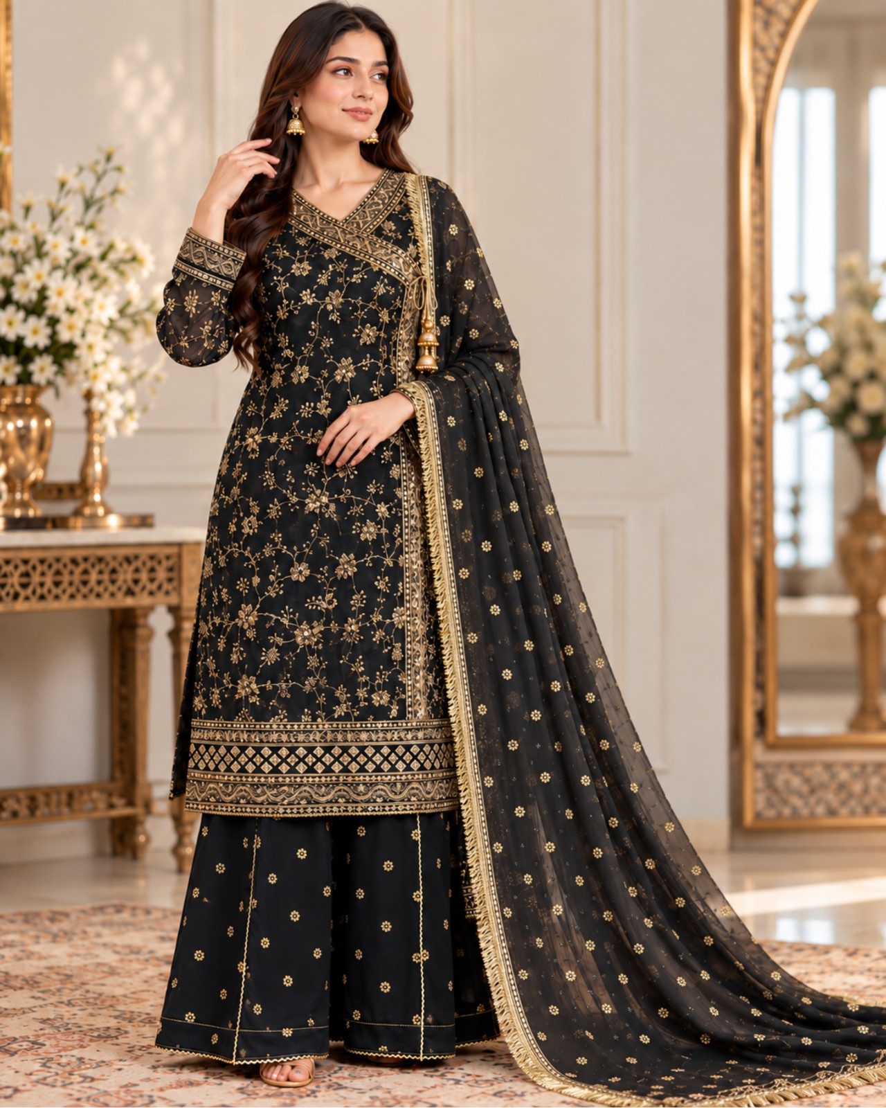 4-1500kb Embroidered Angrakha Sharara Suit Set - Image 1